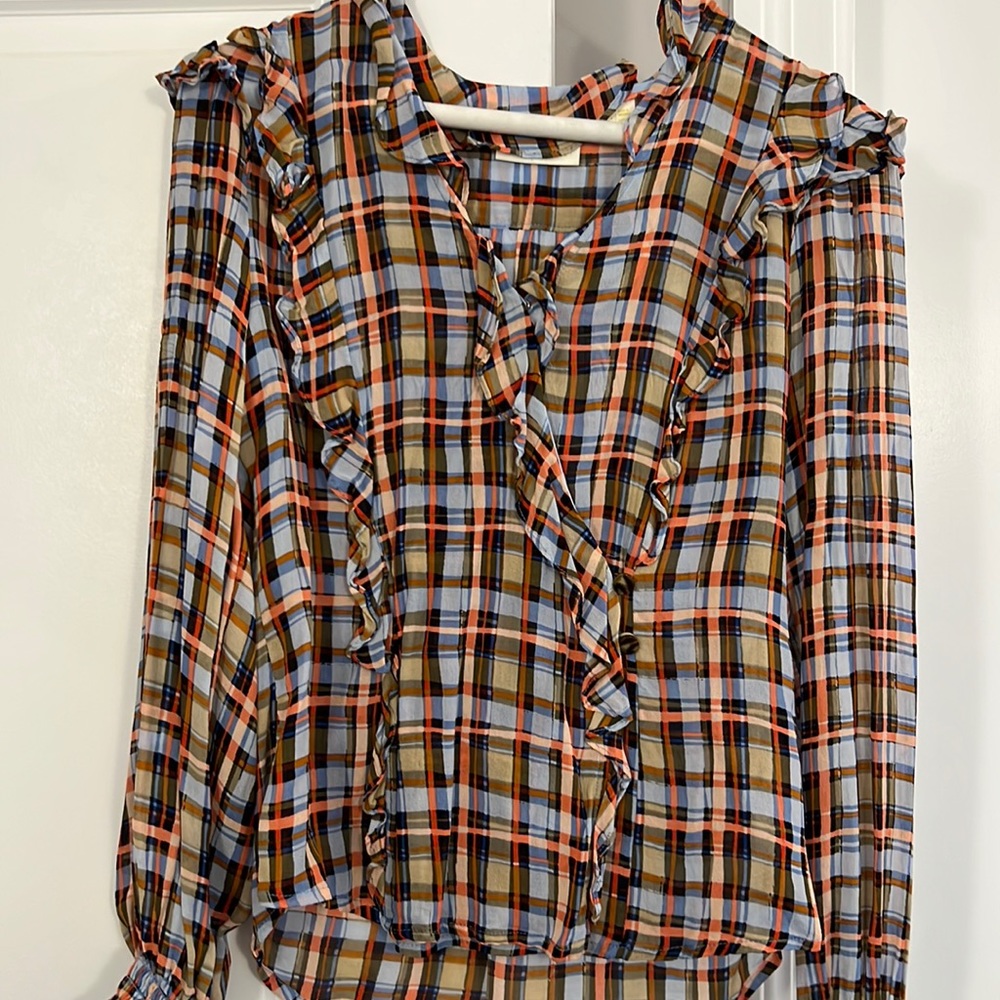 Cute Maeve plaid silk top from Anthropologie